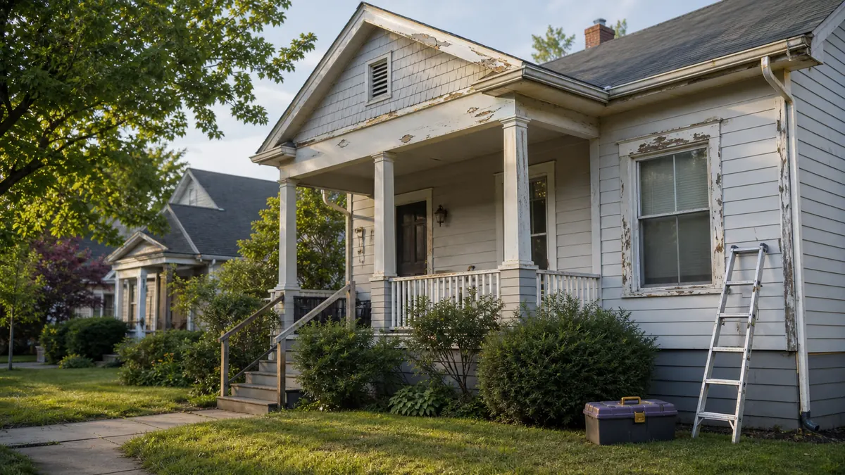 An older house with visible exterior maintenance underway