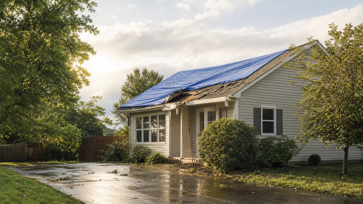 A modest home with a storm-damaged roof secured by a tarp