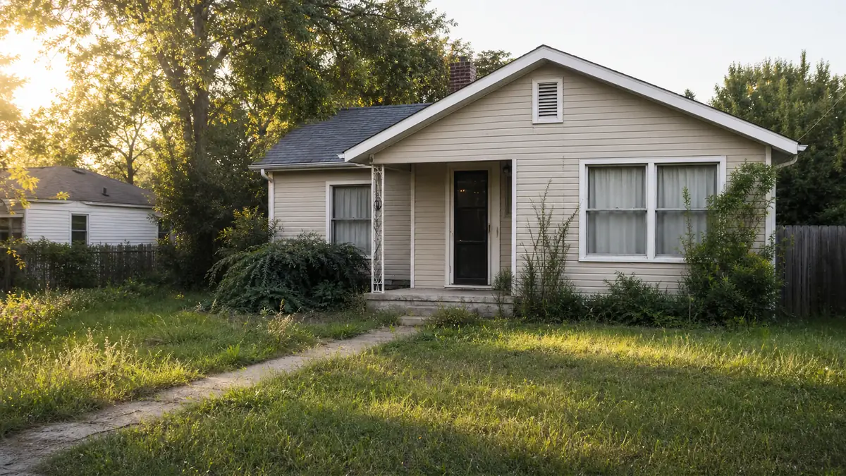 An older home with a slightly overgrown front lawn