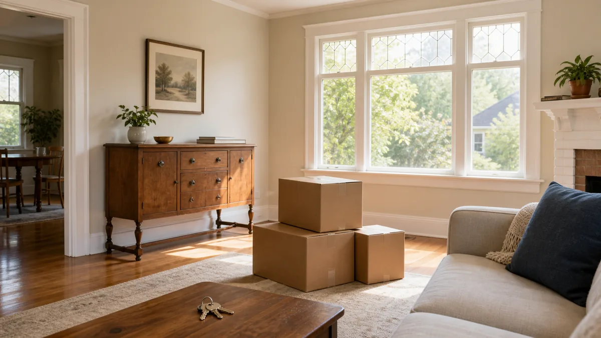 A sunlit family home interior with neatly packed moving boxes